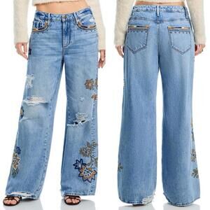NWT Free People Floral Embroidered Distressed Marlena Wide Leg Jean DRIFTWOOD 29